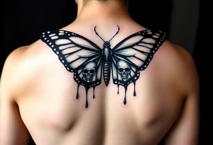 powerful majestic and dark monarch butterfly with skull detail in the wings
hidden skulls in wings, with a dripping effect, including some blue and red highlights tattoo idea