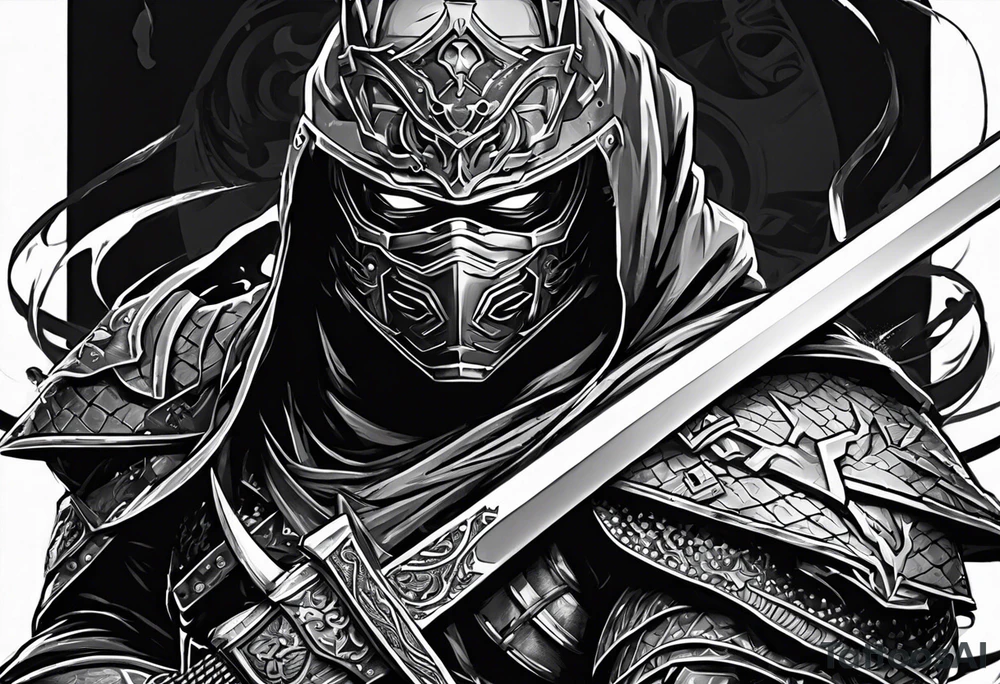 Angry Male Modern robot ninja with demon mask with swords in hands tattoo idea