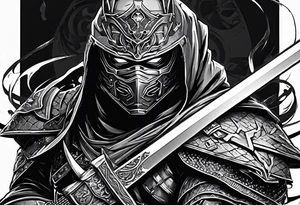 Angry Male Modern robot ninja with demon mask with swords in hands tattoo idea
