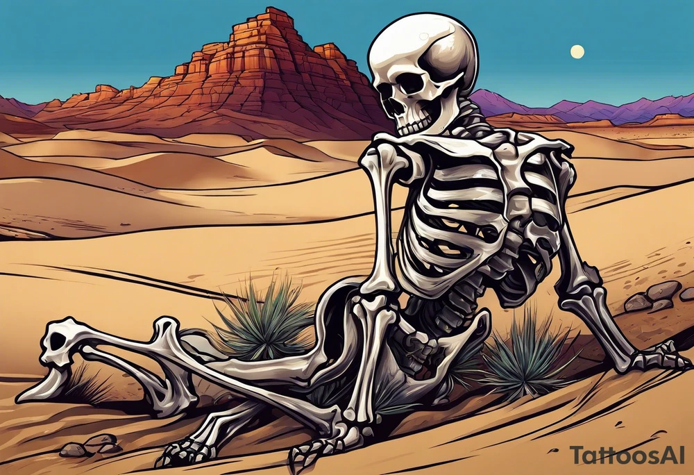 skeleton crawling towards a cross in a desert tattoo idea