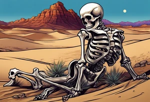 skeleton crawling towards a cross in a desert tattoo idea