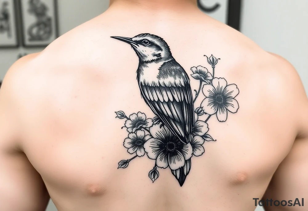 Bluebird with flowers tattoo idea