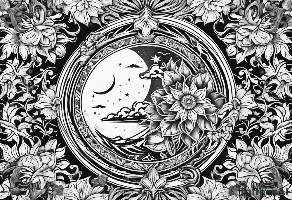 sun moon floral tattoo idea