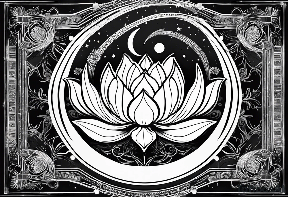Feminine energy, yin yang, lotus flower, good luck, ohm sign, moon straight line tattoo idea