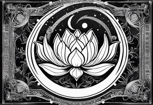 Feminine energy, yin yang, lotus flower, good luck, ohm sign, moon straight line tattoo idea