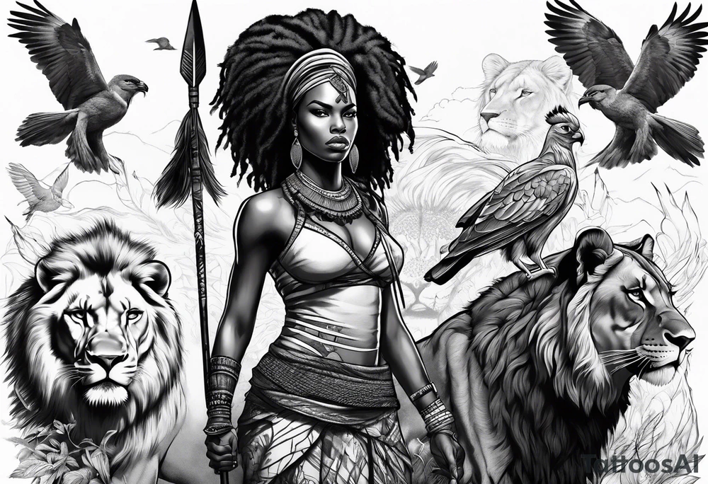 African woman warrior holding a spear with a mean look on her face with birds in the background and lion tattoo idea