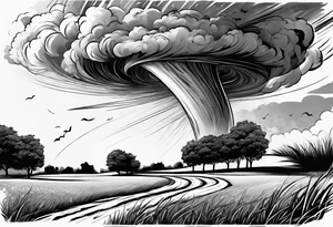 Tornado descending from the sky reaching to the grass ground at a point and throwing debris tattoo idea