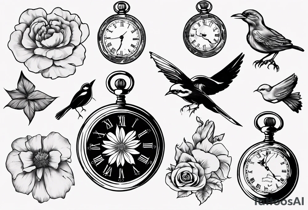 pocket watch, map , flower , bird tattoo idea