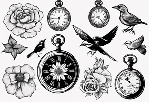 pocket watch, map , flower , bird tattoo idea