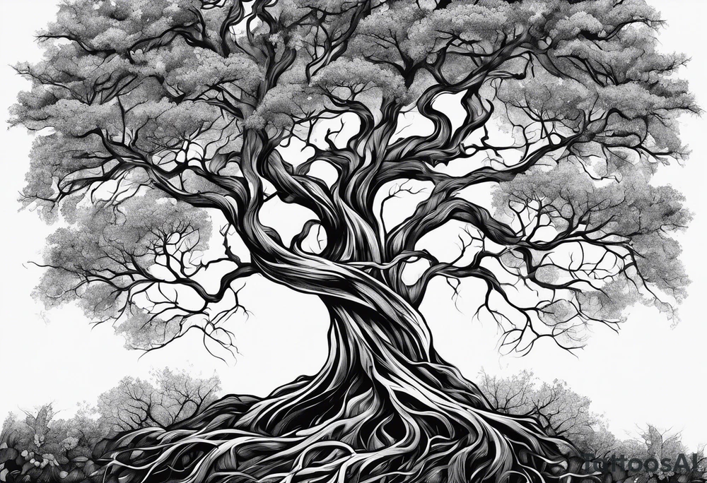 Left side tree branches and roots tattoo idea