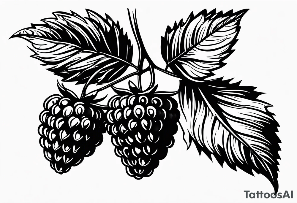 a single long raspberry branch with lots of leaves that is hanging upside down in black and white tattoo idea