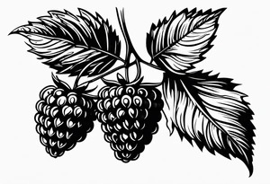 a single long raspberry branch with lots of leaves that is hanging upside down in black and white tattoo idea