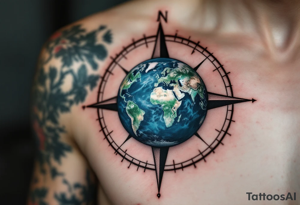A small detailed Earth in rich cobalt and forest green floats inside a fine black geometric compass. tattoo idea