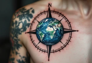 A small detailed Earth in rich cobalt and forest green floats inside a fine black geometric compass. tattoo idea