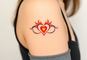 A fiery infinity symbol with a glowing red heart in the center tattoo idea