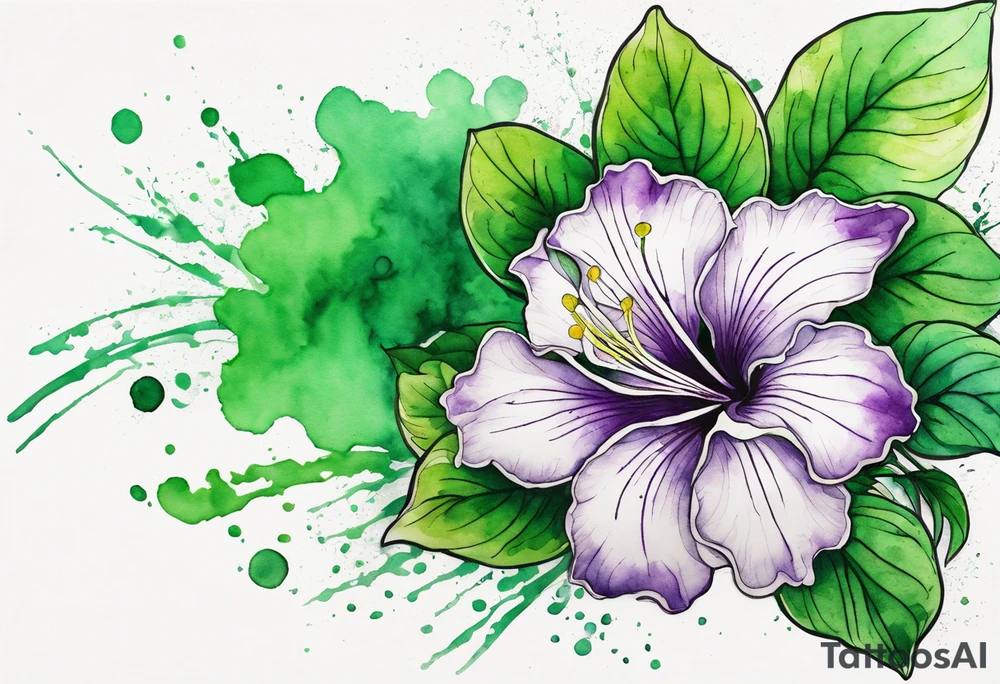 An outline of an only green rio dipladenia flower and a green and purple watercolor splash in the background tattoo idea