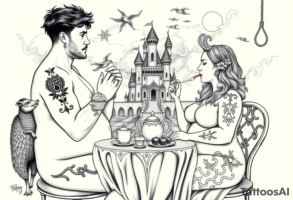 Naked Man and fat woman having sex eating cupcakes and  fruit  having sexy naked fat lady having a tea party with tea pots  swith fancy castle  
with mystical  a pigs, peacock,  lion, goat, noose and smoking cigerettes looking in the mirror thru storm clouds and broken hearts and darkness and wrath, envy , gluttony, greed, sloth, pride . Gothic tattoo idea