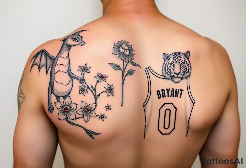 Create an arm tattoo from elbow to shoulder that includes the pokemon charizard, the kobe bryant logo, 1 lily of the valley with 3 daffodils, a tiger, and a basketball jersey with the number 0. tattoo idea