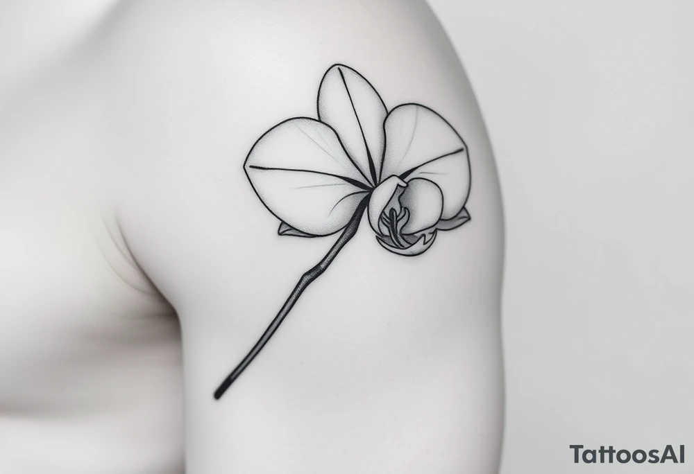 A delicate, black and white fine-line tattoo for make, featuring a gracefully detailed orchid in full bloom (stem and at least 2 flowers), with soft, intricate petals and elegant curves tattoo idea