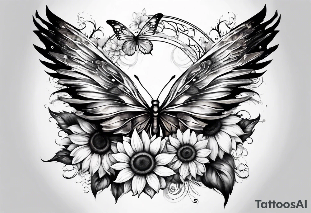 Sleeve with angel wings, sunflower and butterfly tattoo idea