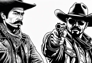 Small tattoo of A cowboy and a mexican bandito with guns drawn having a mexican standoff draw tattoo idea