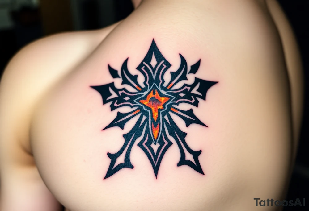 A cracked obsidian Maltese cross with lava glowing through the fractures, symbolizing power and transformation tattoo idea