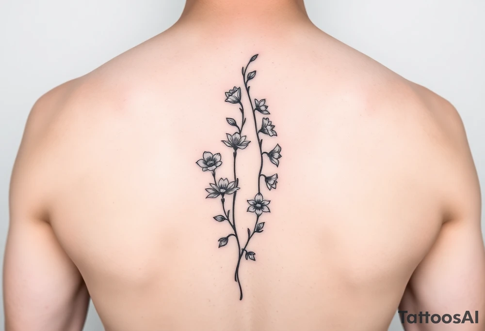 minimalist fine line sweet pea vine with larkspur and violet tattoo idea