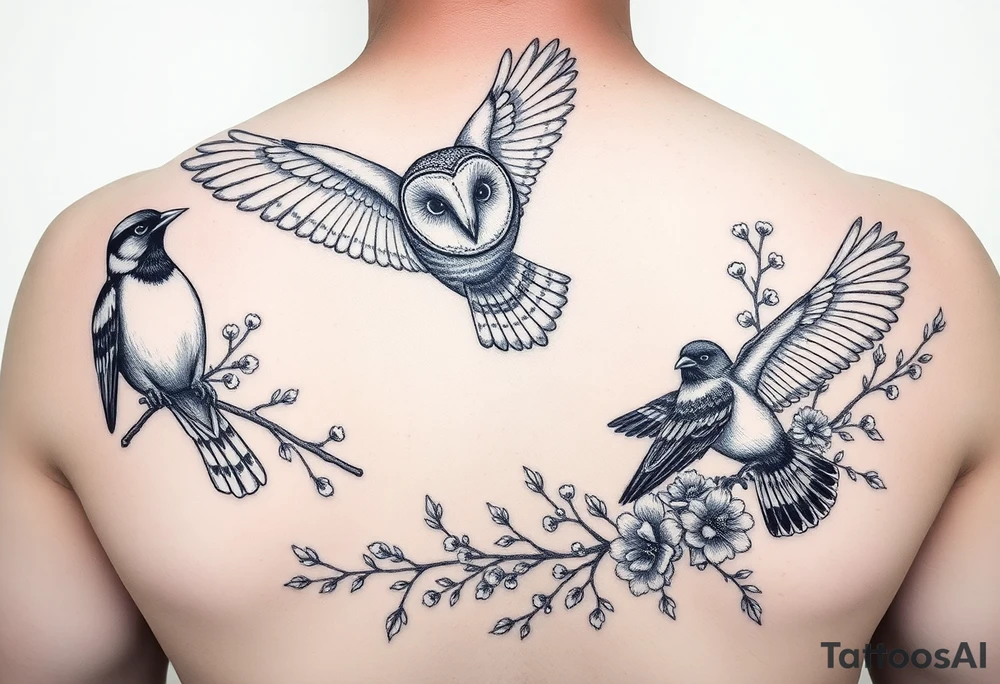 A british barn owl and 2 magpies, entwined by rowan tree branches, berries and florals. In fineline and dotwork. The owl should be in flight tattoo idea