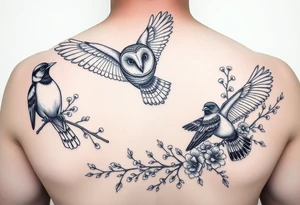 A british barn owl and 2 magpies, entwined by rowan tree branches, berries and florals. In fineline and dotwork. The owl should be in flight tattoo idea