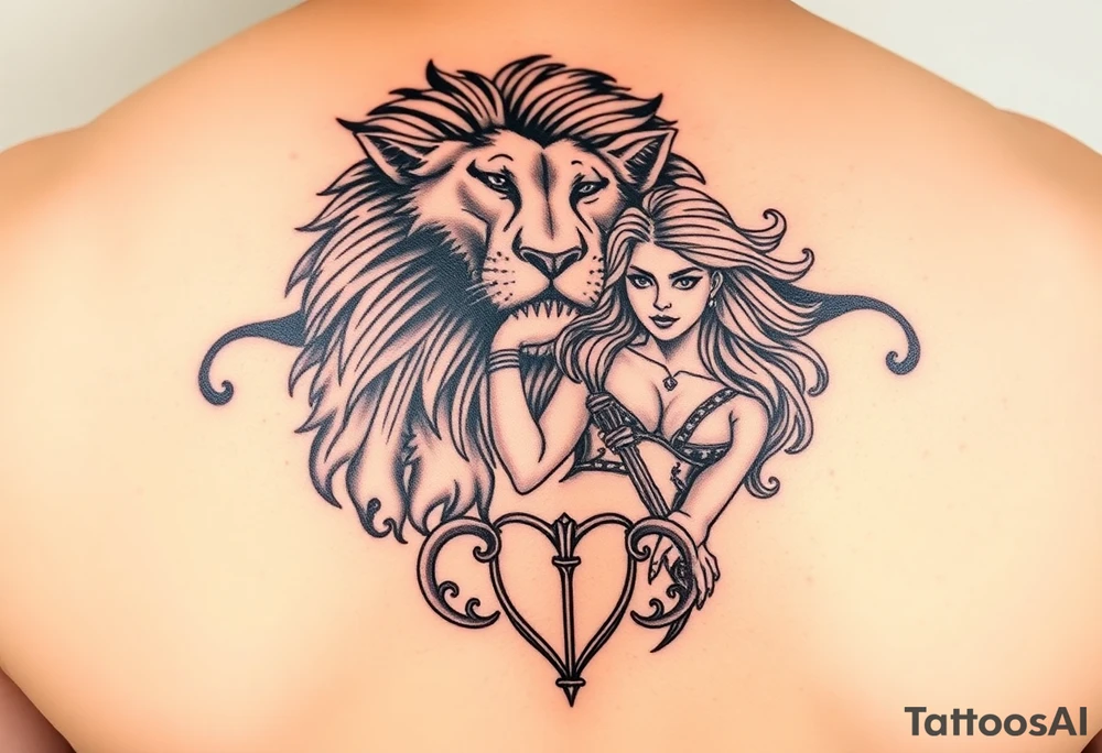 Roaring Leo lion holding virgo woman with wavy hair, add Sagittarius bow and Capricorn goat below these tattoo idea