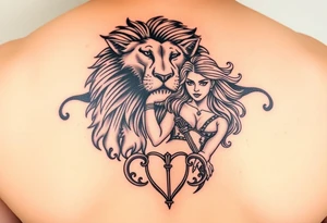 Roaring Leo lion holding virgo woman with wavy hair, add Sagittarius bow and Capricorn goat below these tattoo idea