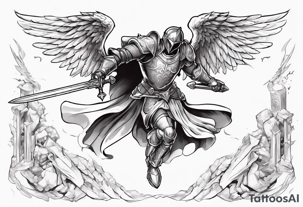 An angel Knight in mid-air with his sword about to attack in isometric view tattoo idea