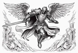 An angel Knight in mid-air with his sword about to attack in isometric view tattoo idea