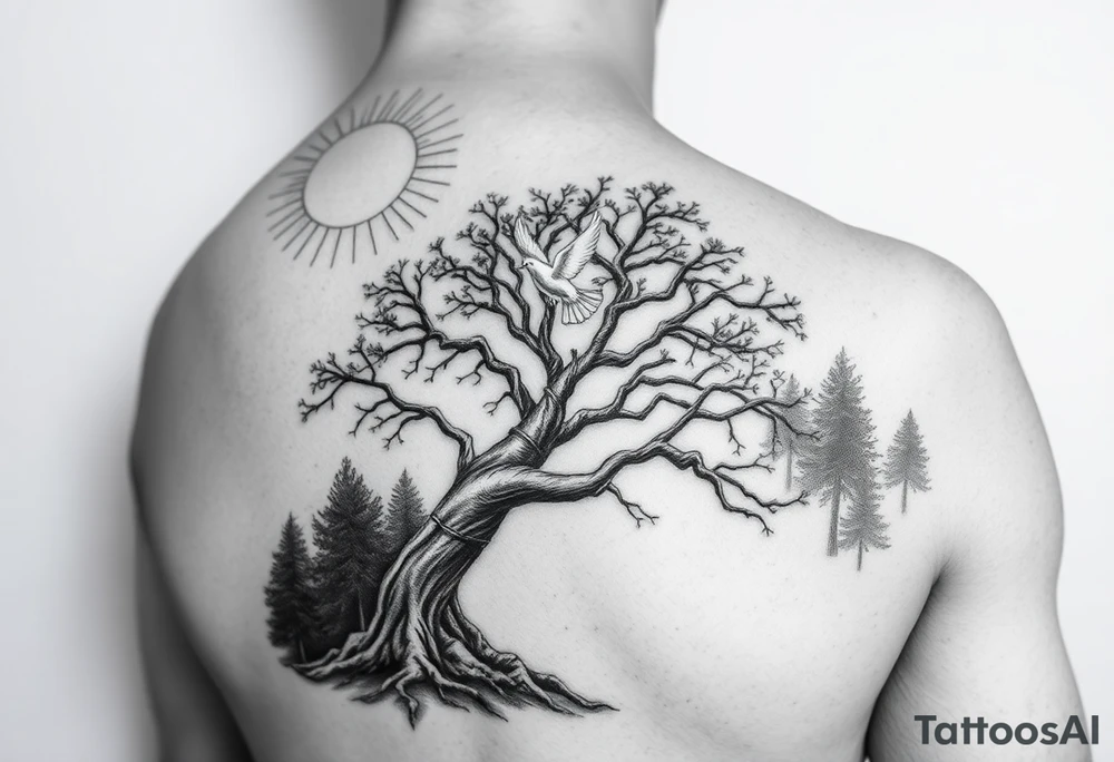 A black and grey realism tattoo design strictly placed on the shoulder. Sun rays radiate from the top of the shoulder, while a serene forest scene is located at the bottom of the shoulder. A prominent poison tree with twisted and gnarled branches is placed in the foreground, symbolizing duality and mystery. A white dove in mid-flight is positioned slightly above or near the tree, symbolizing peace and hope. The design should feature intricate shading, high contrast, and a balance of realism and artistic flair, perfectly fitting the shoulder anatomy." tattoo idea