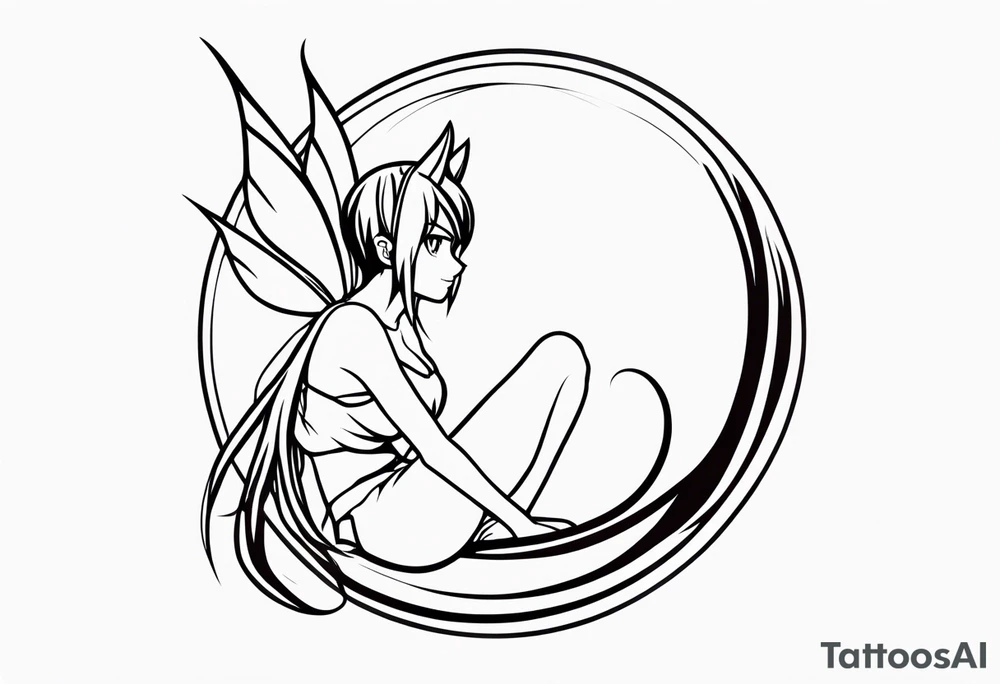 A fairy with a tail inspired by the logo of the anime show called Fairy Tail in a fetal position leaning in tattoo idea