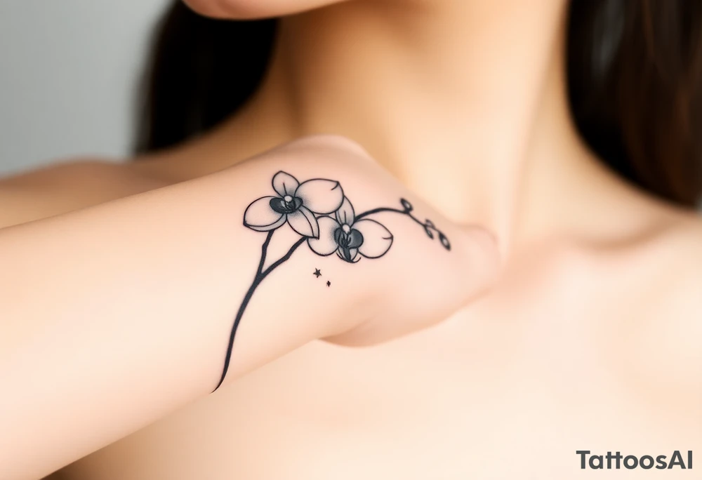 A silhouette of an orchid with tiny crescent moons and stars, symbolizing femininity and cosmic beauty tattoo idea