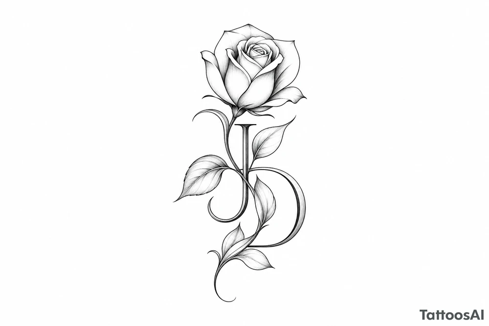 Intertwined J and D hidden within rose petals and leaves. less details more minimalist tattoo idea