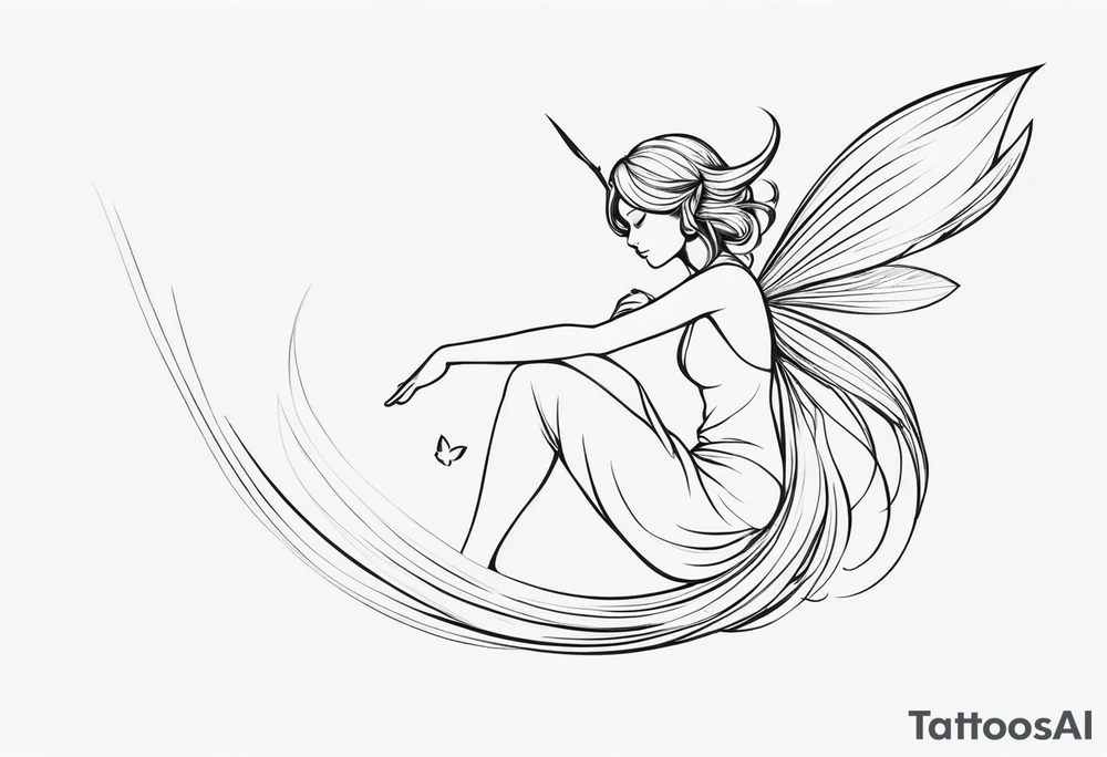 Minimalistic, monochromatic fairy with a tail flying to the left in a fetal position, leaning and looking in the same direction, with visible hands, embodying the 'Fairy Tail' logo aesthetic. tattoo idea