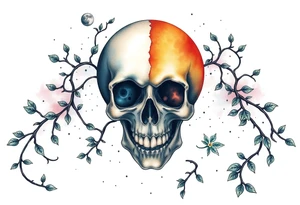 gothic skull as the moon and life as the sun. intertwined with climbing  vines as space dust connecting planets and galaxy in background of skull tattoo idea