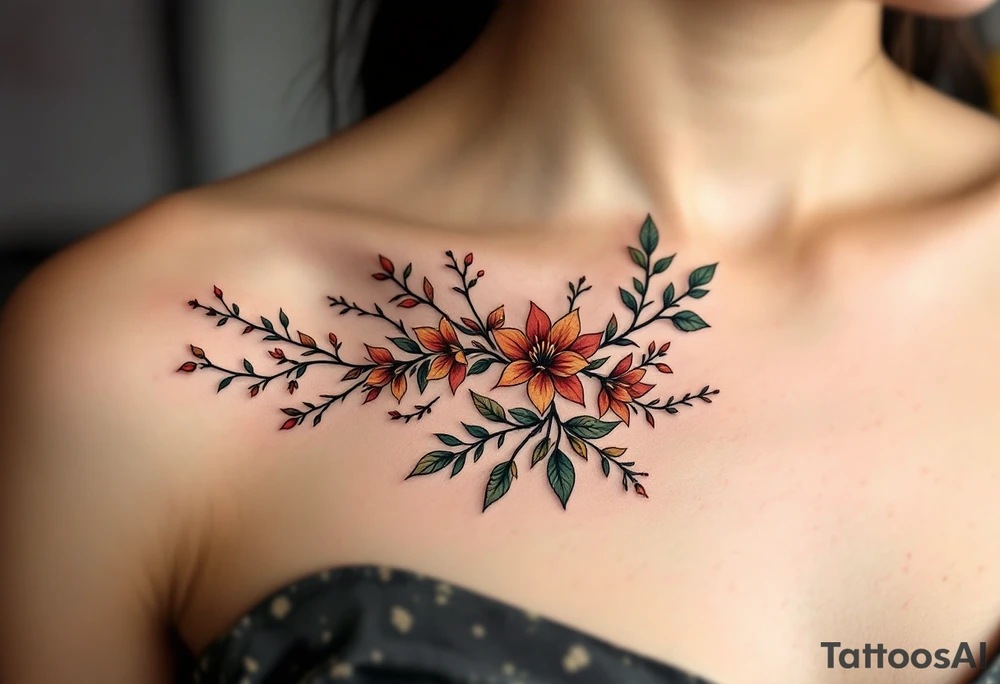 Two separate collarbone tattoos of long, stems and branches covered with red, orange, yellow and dark forest green leaves and flowers, academia, witchy, muted, delicate and gentle but moody, long and thin, following the collarbone. More muted, not so bright, darker colors. Fewer leaves, but larger leaves tattoo idea