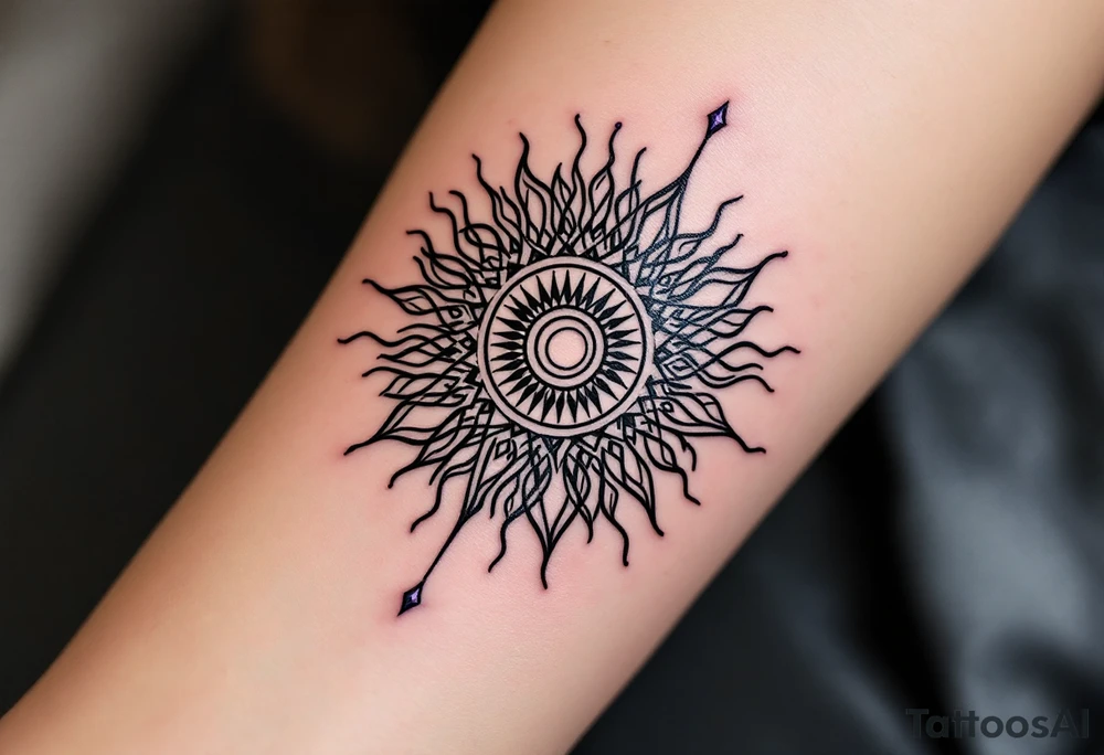 A minimalist black Celtic sun, outlined with violet accents, brings a modern touch to ancient symbolism. tattoo idea