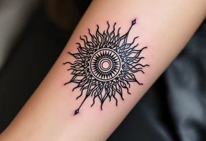 A minimalist black Celtic sun, outlined with violet accents, brings a modern touch to ancient symbolism. tattoo idea