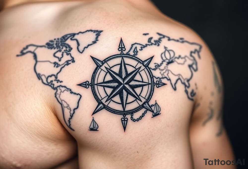 antique compass rose overlaid on weathered world map with sailing ships tattoo idea