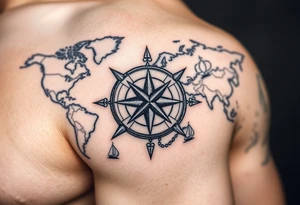 antique compass rose overlaid on weathered world map with sailing ships tattoo idea