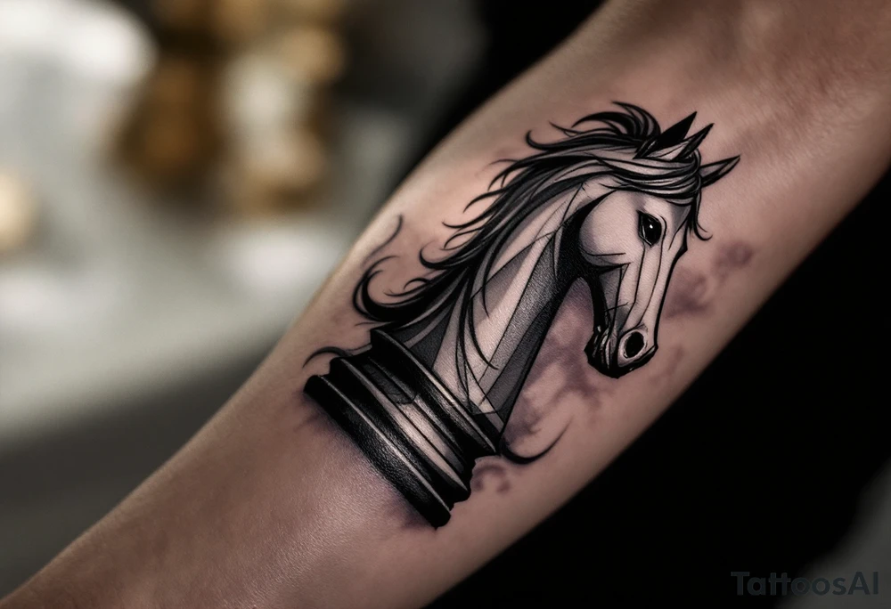 a knight of chess piece. it doesn't have legs, it's a chess piece. 
The knight piece is depicted in motion, slightly tilted forward as if it's charging or coming out of the shadows. The knight’s face is detailed but with a focus on the horse's strong features: its mane flowing in the wind, and the body etched with intricate details to represent strength and agility. The knight is emerging from a shadow, with the front part of the body illuminated in soft, warm light. The shadowed portions near the back and tail create a mystical aura. tattoo idea