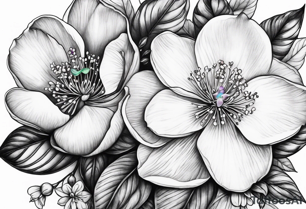 Opal with Violet and orchard flowers tattoo idea