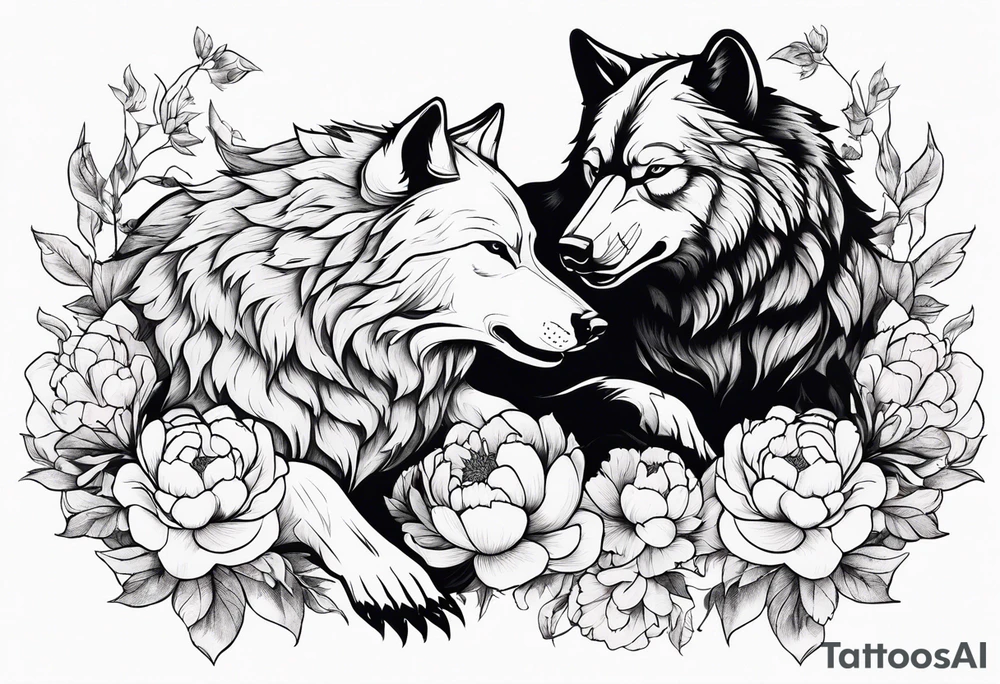 Wolf fighting with bear with peonies and smoke tattoo idea Wolf fighting with bear with peonies and smoke tattoo idea