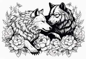 Wolf fighting with bear with peonies and smoke tattoo idea