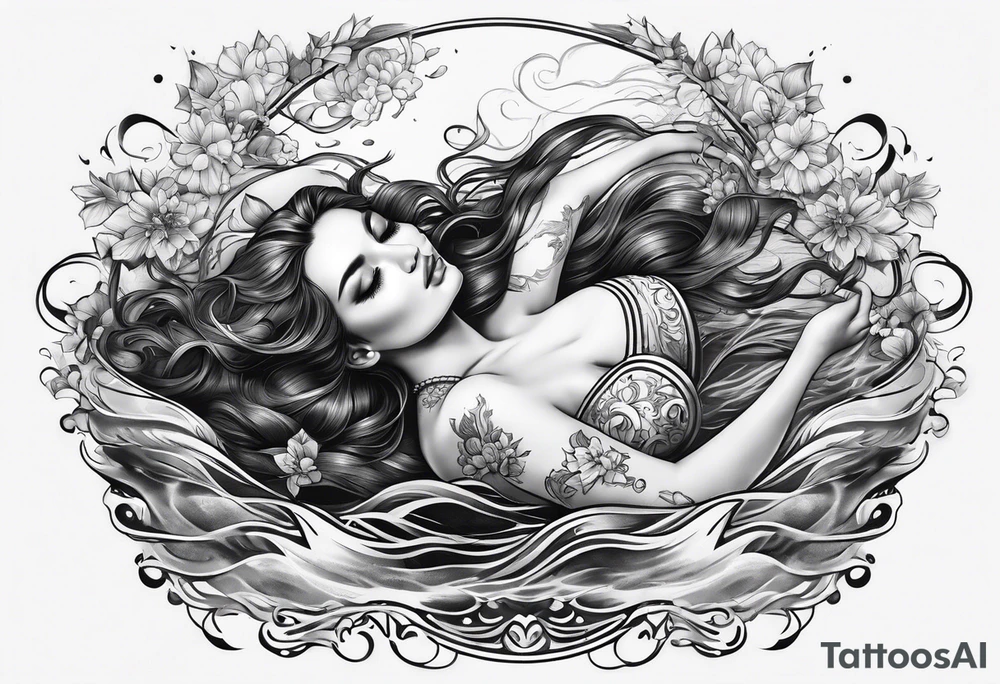 full body girl comfortably floating above water tattoo idea