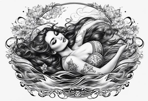 full body girl comfortably floating above water tattoo idea